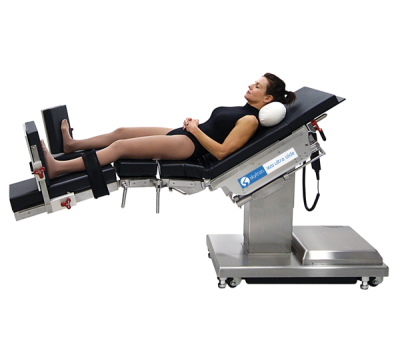 Model reclined on Skytron Heavy Duty Split product for leg support