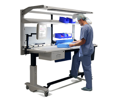 Skytron ErgoStat Prep & Pack Workstation in use by medical personnel in scrubs, no background