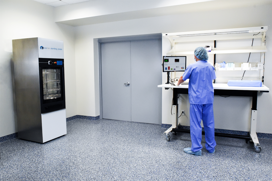 Skytron Sterling P1000 Washer Disinfector in medical setting with medical personnel