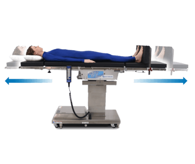 Model laying on top of Skytron's 3503 EZ Slide surgical table demonstrating top slide movements