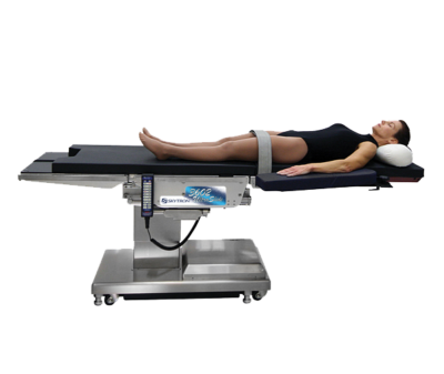 Model strapped down on a Skytron 3602 Surgical table