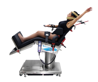 Model in the surgical beach chair position on a Skytron 3602 UltraSlide Table