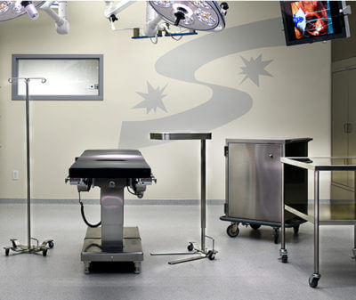Operating room with stainless steel products and surgical table