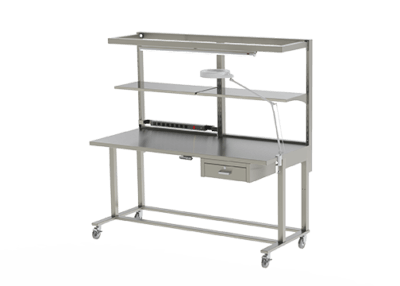 Stainless prep and pack station have adjustable height, overhead light, magnification light, CPU holder, electrical strips